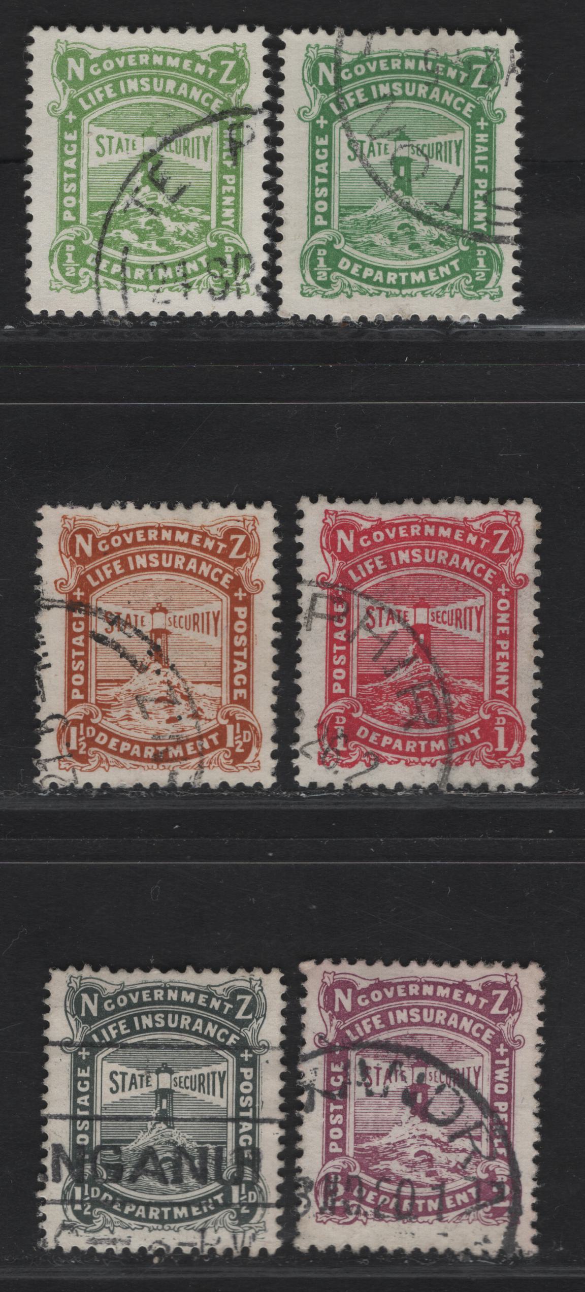 Lot 109 (C) New Zealand SG#L24,a, L25-L28 1/2d - 1.5d Green - Black Lighthouse, 1913-1937 Life Insurance Department, 6 Fine/Very Fine Used Singles, Perf 14x15, De la Rue Paper