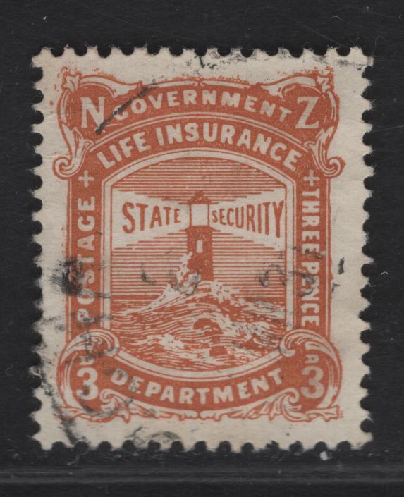 Lot 110 (C) New Zealand SG#L30 3d - 7d Yellow Brown Lighthouse, 1913-1937 Life Insurance Department, A Very Fine Used Single, De la Rue Paper, Perf 14x15 Stamp Has Two Light Diagonal Bends