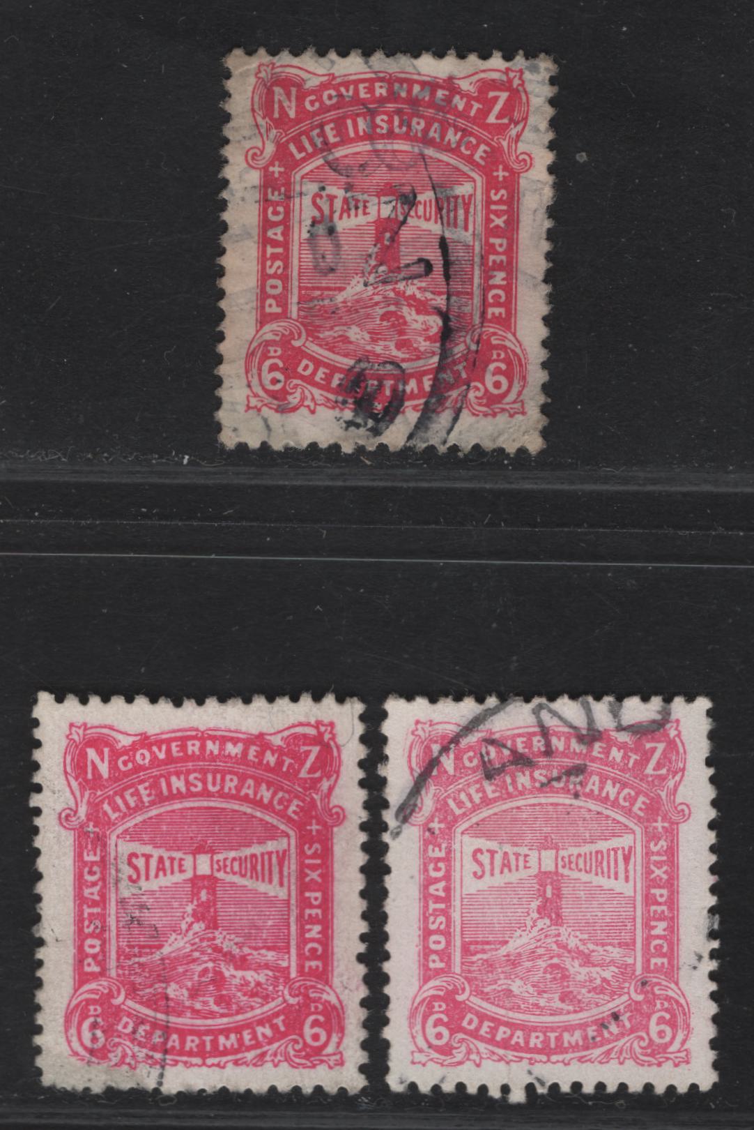 Lot 111 New Zealand SG#L31, L36c 6d Carmine Pink - Deep Pink Lighthouse, 1913-1937 Life Insurance Department, 3 Very Good/Fine Used Singles, De La Rue & Wiggins-Teape Papers