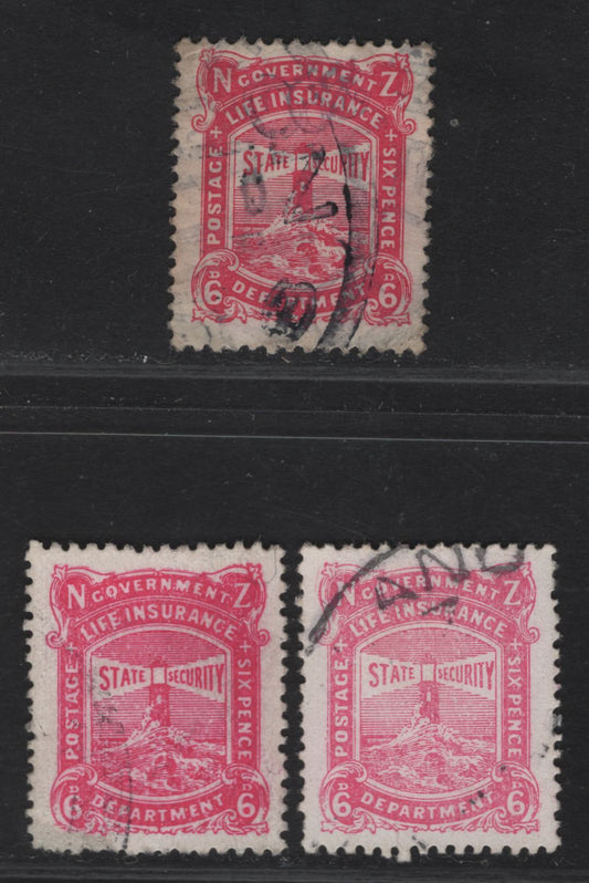Lot 111 New Zealand SG#L31, L36c 6d Carmine Pink - Deep Pink Lighthouse, 1913-1937 Life Insurance Department, 3 Very Good/Fine Used Singles, De La Rue & Wiggins-Teape Papers