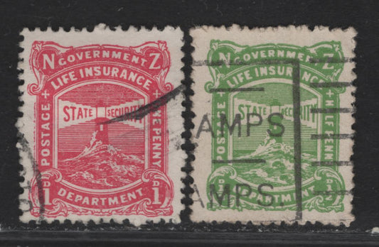 Lot 112 (C) New Zealand SG#L31a-b 1/2d - 1d Yellow Green & Carmine Pink Lighthouse, 1913-1937 Life Insurance Department, 2 Fine Used Singles, Perf 14x15, Cowan Paper