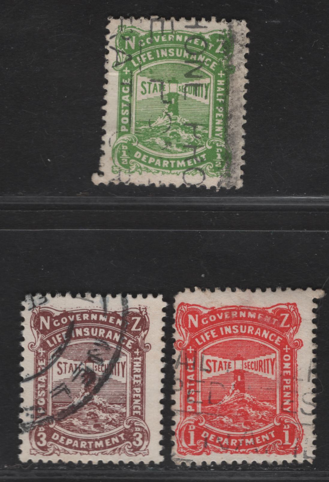 Lot 114 New Zealand SG#L32-L33, L35 1/2d - 3d Yellow Green - Brown Lake Lighthouse, 1913-1937 Life Insurance Department, 3 Fine/Very Fine Used Singles, Perf 14, Cowan Paper