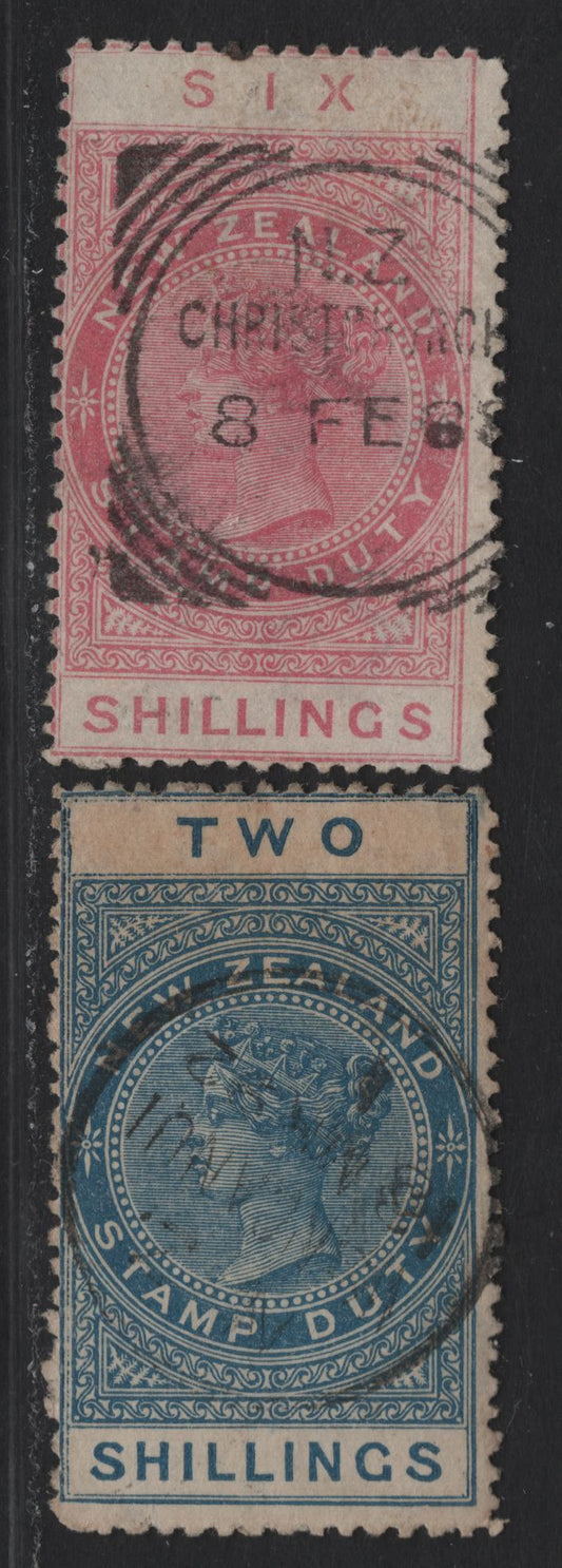 Lot 118 (C) New Zealand SG#F22, F27 2/- - 6/- Blue - Rose Queen Victoria, 1882-1930 Postal Fiscal Sideface Issue, 2 Good/Very Good Used Singles, Perf 12.5, Wmk Star & NZ Wmk