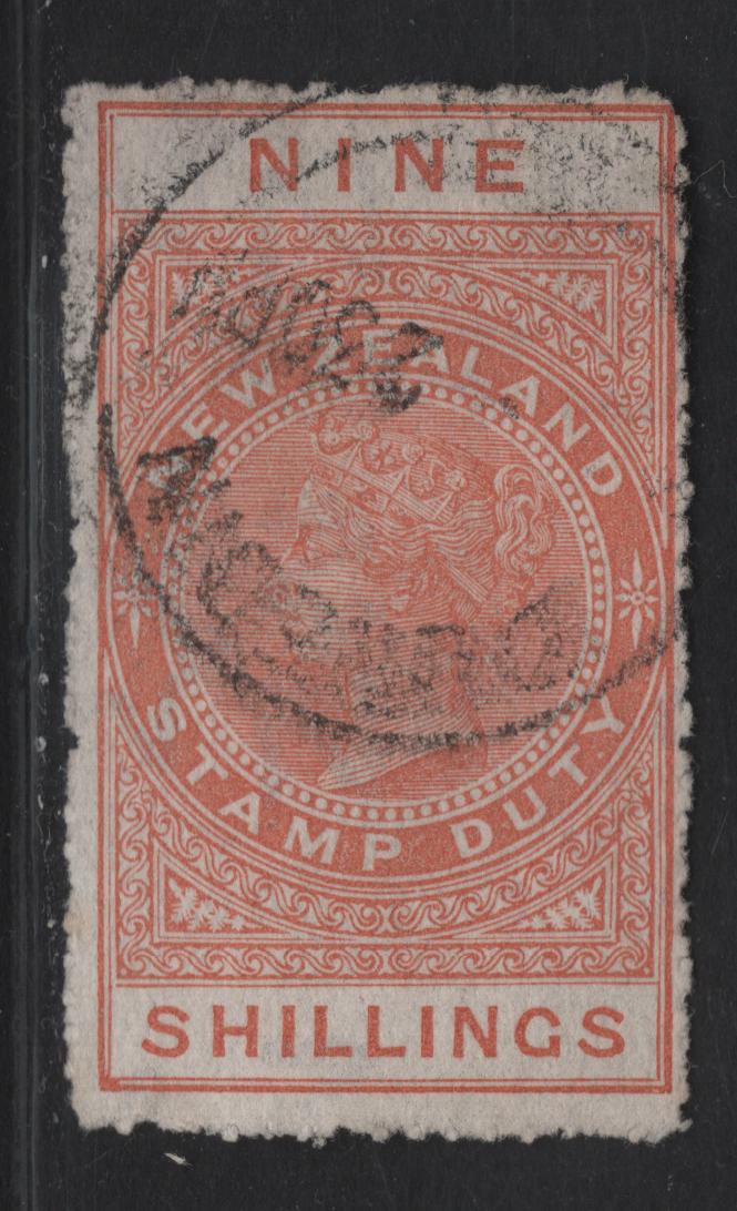 Lot 120 (C) New Zealand SG#F86 9/- Orange Queen Victoria, 1882-1930 Postal Fiscal Sideface Issue, A Fine Used Single, Rough Perf 14, Unsurfaced Cowan Paper