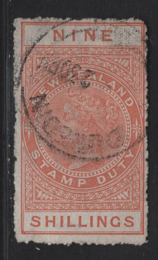 Lot 120 (C) New Zealand SG#F86 9/- Orange Queen Victoria, 1882-1930 Postal Fiscal Sideface Issue, A Fine Used Single, Rough Perf 14, Unsurfaced Cowan Paper