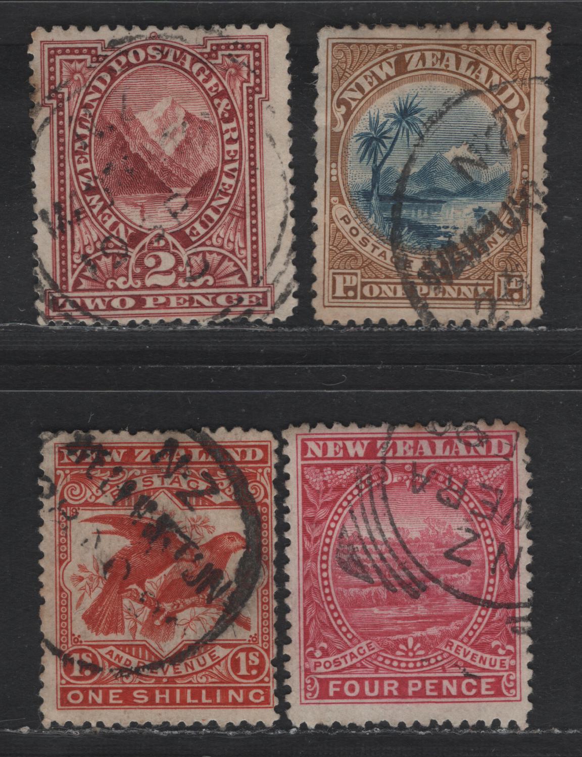 Lot 12 (C) New Zealand SG#247-248, 252b, 257 1d - 1/- Blue & Yellow Brown - Vermillion Lake Taupo & Mount Ruapehu - Kea & Kaka, 1898 Pictorial Issue, 4 Fine Used Singles, 4d Is The Dull Rose Shade