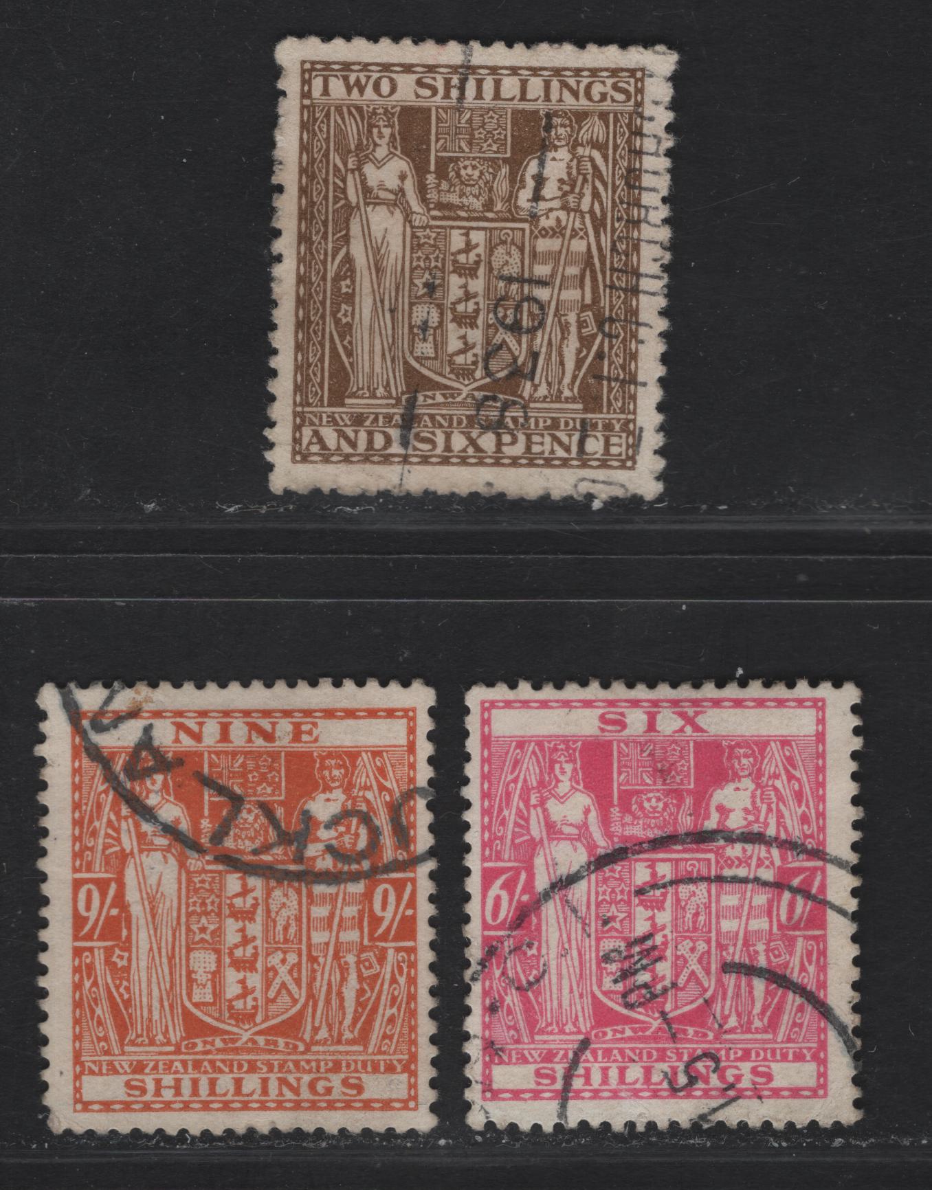 Lot 124 (C) New Zealand SG#F147, F150,F154 2/6 - 9/- Deep Brown - Brown Orange Arms, 1931-1935 Arms Postal Fiscal Issue, 3 Fine/Very Fine Used Singles, Single Star & NZ Wmk