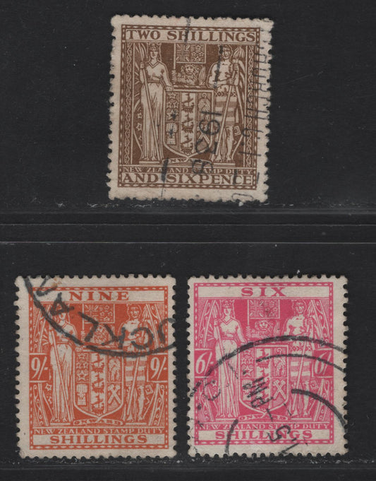 Lot 124 (C) New Zealand SG#F147, F150,F154 2/6 - 9/- Deep Brown - Brown Orange Arms, 1931-1935 Arms Postal Fiscal Issue, 3 Fine/Very Fine Used Singles, Single Star & NZ Wmk