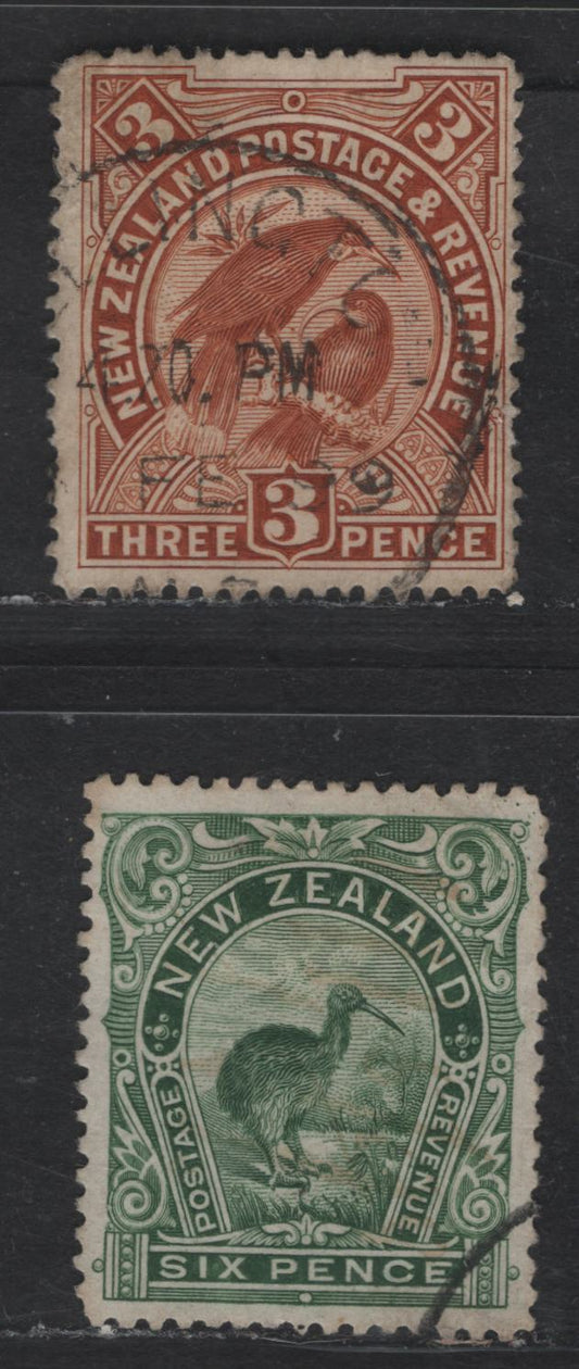 Lot 13 (C) New Zealand SG#251, 254 3d - 6d Yellow Brown - Green Huia - Brown Kiwi, 1898 Pictorial Issue, 2 Very Good/Fine Used Singles, Both With Light Corner Crease
