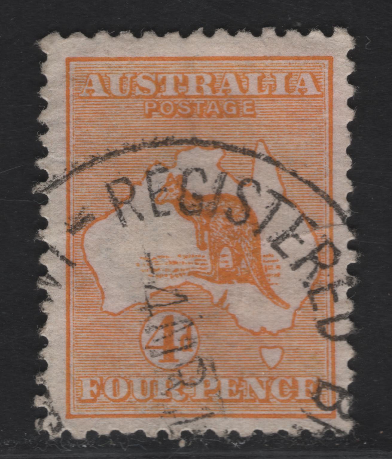 Lot 137 Australia SG#6a 4d Orange Yellow Kangaroo & Map, 1913-1914 Kangaroo & Map 1st Issue, A Very Fine Used Single, First Wmk