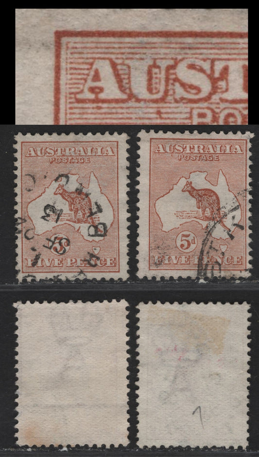 Lot 140 Australia SG#8 5d Chestnut Kangaroo & Map, 1913-1914 Kangaroo & Map 1st Issue, 2 Fine Used Singles, Two Examples, One Showing Small Dot Under 'U' of Australia, First Wmk.