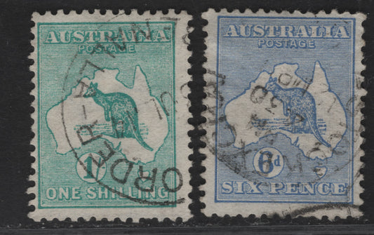 Lot 143 Australia SG#9, 11 6d - 1/- Ultramarine - Emerald Kangaroo & Map, 1913-1914 Kangaroo & Map 1st Issue, 2 Fine Used Singles, First Wmk