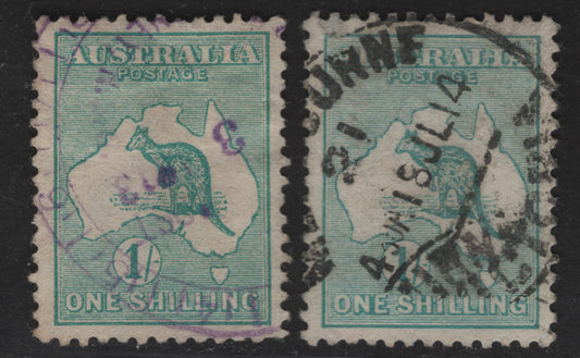 Lot 144 (C) Australia SG#11, 11a 1/- Emerald & Blue Green Kangaroo & Map, 1913-1914 Kangaroo & Map 1st Issue, 2 Very Fine Used Singles, First Wmk