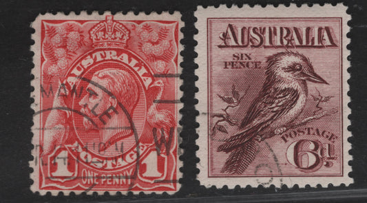 Lot 145A (C) Australia SG#17, 19 1d - 6d Red - Claret King George V & Kookaburra, 1913-1914 King George V & Kookaburra Issue, 2 Fine Used Singles