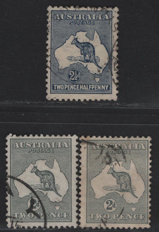 Lot 148 Australia SG#24-25 2d - 2.5d Gray - Indigo Kangaroo & Map, 1915 Kangaroo & Map 2nd Issue, 3 Fine Used Singles, 2nd Wmk, Two Shades of 2d
