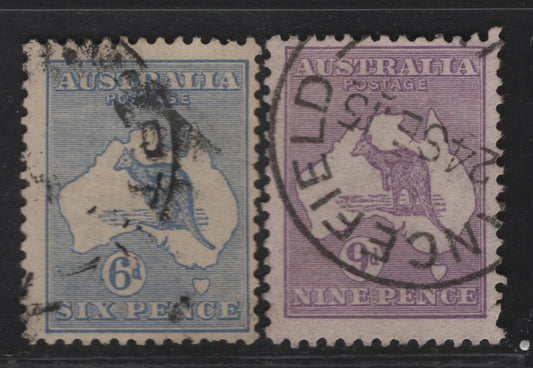 Lot 150 (C) Australia SG#26-27 6d - 9d Ultramarine - Violet Kangaroo & Map, 1915 Kangaroo & Map 2nd Issue, 2 Fine Used Singles, 2nd Wmk, Die 2