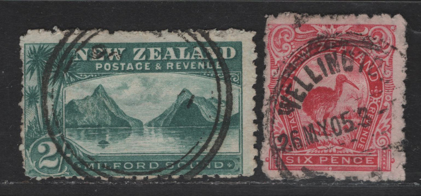 Lot 15 (C) New Zealand SG#312b, 316b 6d - 2/- Bright Carmien Rose - Blue Green Brown Kiwi - Milford Sound, 1902-1907 Pictorial Issue, 2 Fine Used Singles, Wmk NZ & Star (#43), Perf 11