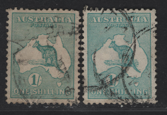 Lot 151 Australia SG#28 1/- Emerald & Blue Green Kangaroo & Map, 1915 Kangaroo & Map 2nd Issue, 2 Very Fine Used Singles, 2nd Wmk