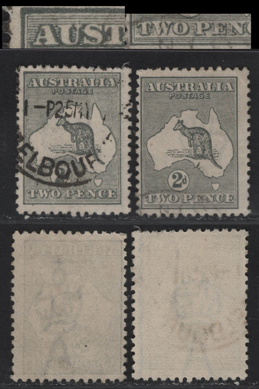 Lot 155 Australia SG#35 2d Gray Kangaroo & Map, 1915-1927 Kangaroo & Map 3rd Issue, 2 Fine Used Singles, 3rd Wmk, Interesting Printing Varieties