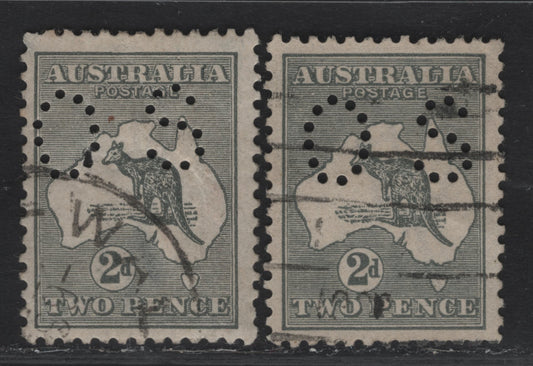 Lot 156 (C) Australia SG#O43, O43d 2d Gray Kangaroo & Map, 1915-1927 Kangaroo & Map 3rd Issue, 2 Very Good/Very Fine Used Singles, 3rd Wmk, Dies 1 & 2a, Perforated Small OS, Die 1 Has Fairly Large Binge Thin.