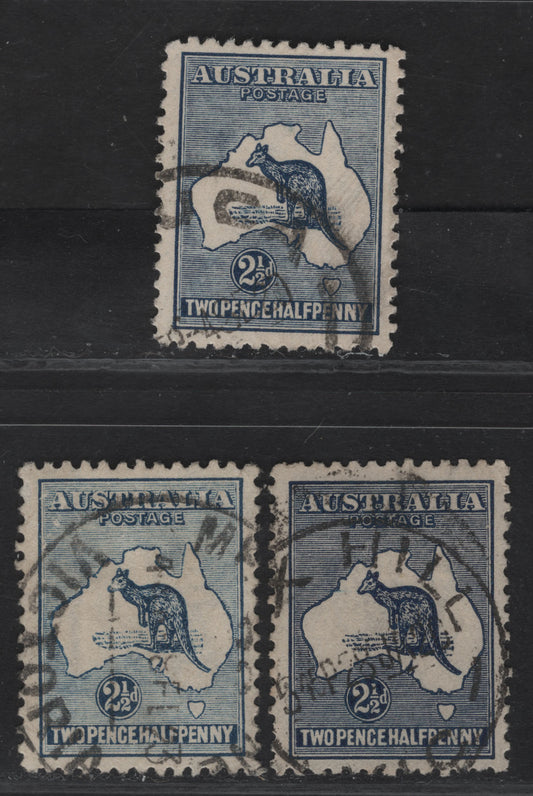 Lot 157 Australia SG#36-36b 2.5d Deep Blue, Deep Indigo & Indigo Kangaroo & Map, 1915-1927 Kangaroo & Map 3rd Issue, 3 Very Fine Used Singles, 3rd Wmk