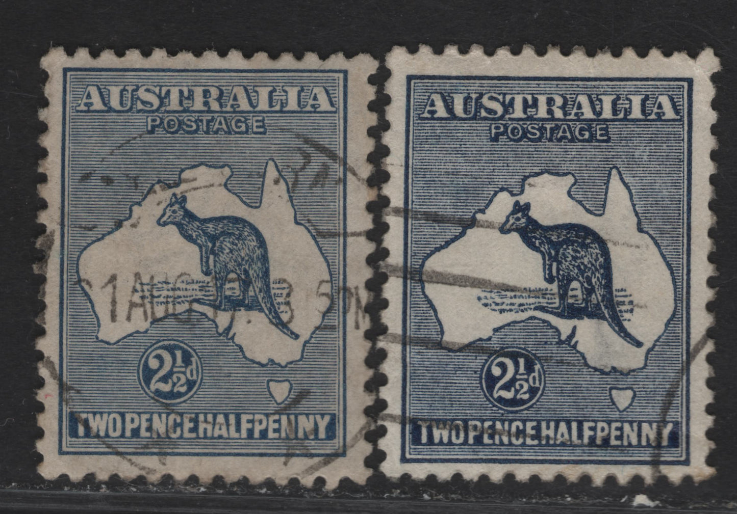 Lot 158 (C) Australia SG#36 2.5d Deep Blue & Deep Indigo Kangaroo & Map, 1915-1927 Kangaroo & Map 3rd Issue, 2 Very Fine Used Singles, 3rd Wmk