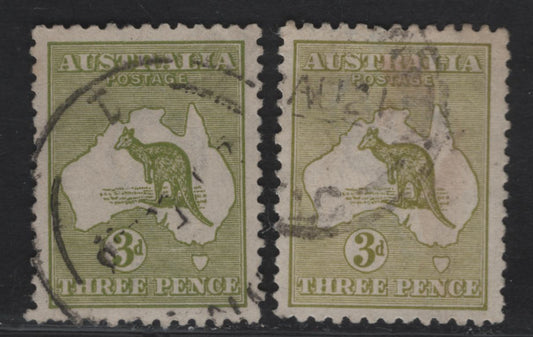 Lot 160 (C) Australia SG#37, 37b 3d Yellow Olive - Olive Green Kangaroo & Map, 1915-1927 Kangaroo & Map 3rd Issue, 2 Very Fine Used Singles, 3rd Wmk, Die 1