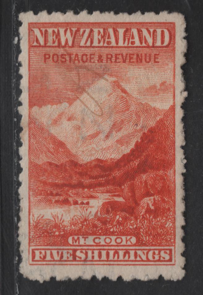 Lot 16 (C) New Zealand SG#317b 5/- Vermillion Moun Cook, 1902-1907 Pictorial Issue, A Very Fine Used Single, Cleared Pen Cancel, Regummed to Appear Mint, Well Centered, Perf 11, Wmk Star & NZ.