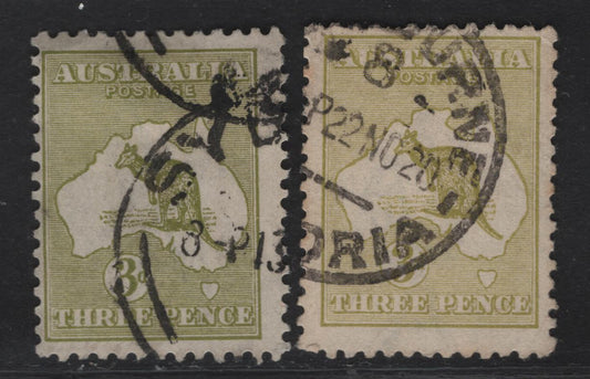 Lot 161 (C) Australia SG#37d, 37da 3d 3d Yellow Olive - Olive Green Kangaroo & Map, 1915-1927 Kangaroo & Map 3rd Issue, 2 Fine Used Singles, 3rd Wmk, Die 2