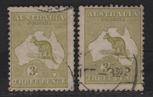 Lot 162 Australia SG#37, 37e 3d Light Olive Kangaroo & Map, 1915-1927 Kangaroo & Map 3rd Issue, 2 Fine Used Singles, 3rd Wmk, Dies 1 & 2b