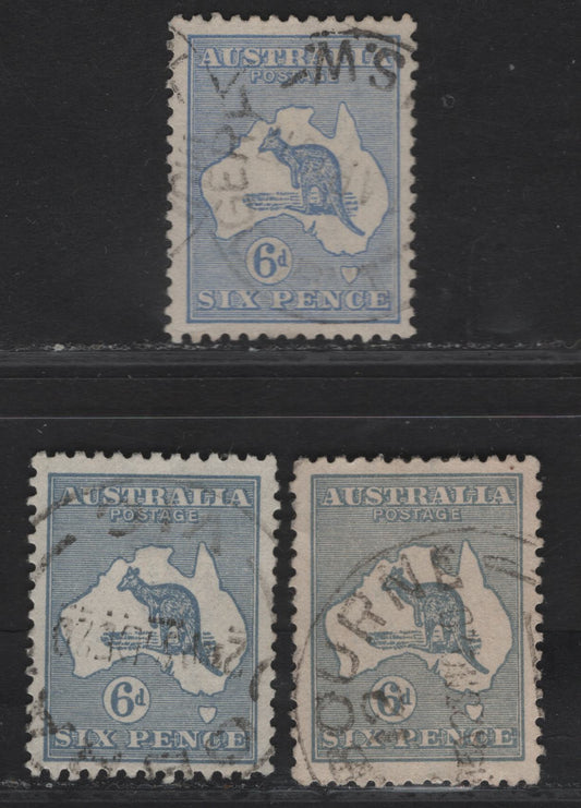 Lot 163 Australia SG#38, 38b 6d Ultramarine - Dull Blue Kangaroo & Map, 1915-1927 Kangaroo & Map 3rd Issue, 3 Very Fine Used Singles, 3rd Wmk