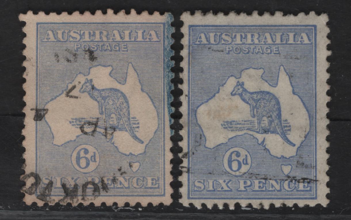 Lot 165 (C) Australia SG#38 6d Ultramarine Kangaroo & Map, 1915-1927 Kangaroo & Map 3rd Issue, 2 Fine Used Singles, 3rd Wmk, Die 2