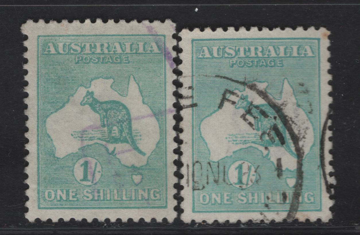 Lot 169 Australia SG#40, 40b 1/- Blue Green Kangaroo & Map, 1915-1927 Kangaroo & Map 3rd Issue, 2 Very Fine Used Singles 3rd Wmk, Dies II & Iib,