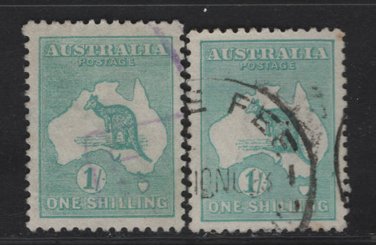 Lot 169 Australia SG#40, 40b 1/- Blue Green Kangaroo & Map, 1915-1927 Kangaroo & Map 3rd Issue, 2 Very Fine Used Singles 3rd Wmk, Dies II & Iib,