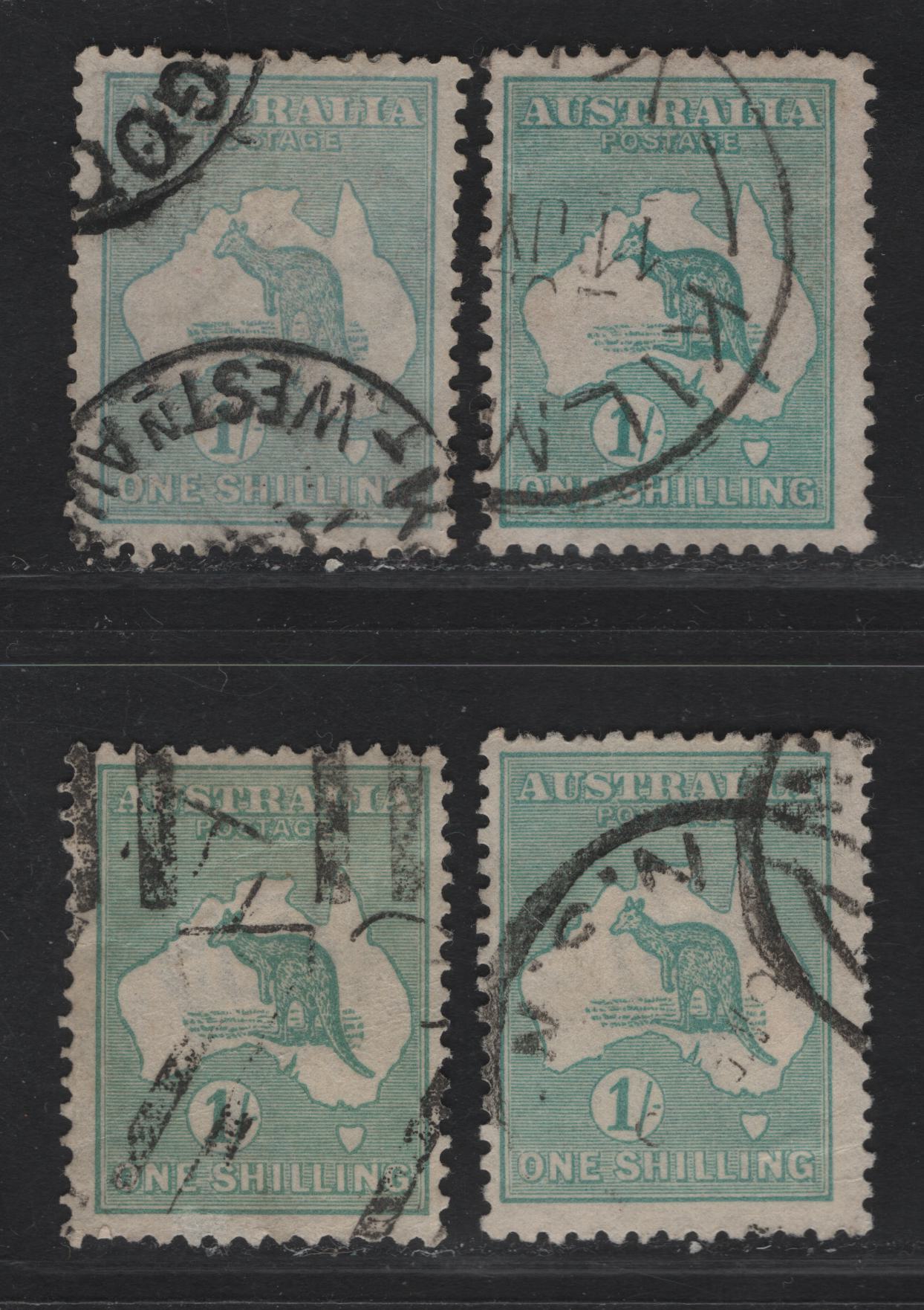 Lot 171 Australia SG#40, 40b 1/- Blue Green Kangaroo & Map, 1915-1927 Kangaroo & Map 3rd Issue, 4 Fine Used Singles, 3rd Wmk, Dies II & IIb, Two Shades Of Each Die.