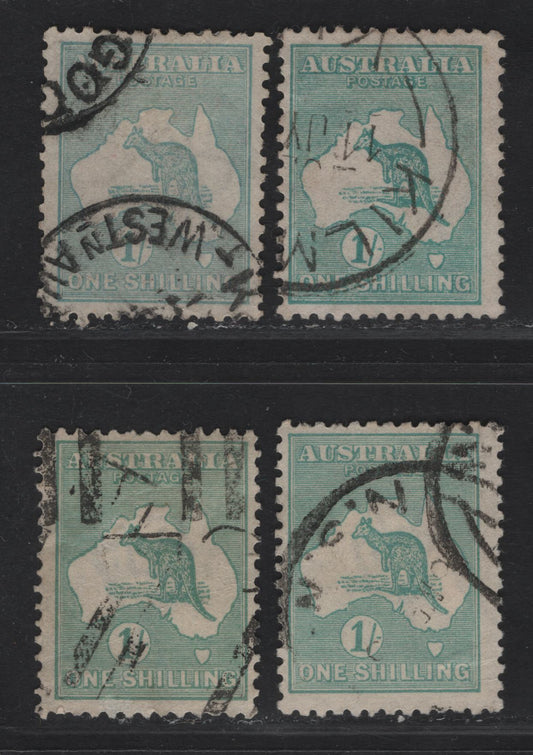 Lot 171 Australia SG#40, 40b 1/- Blue Green Kangaroo & Map, 1915-1927 Kangaroo & Map 3rd Issue, 4 Fine Used Singles, 3rd Wmk, Dies II & IIb, Two Shades Of Each Die.