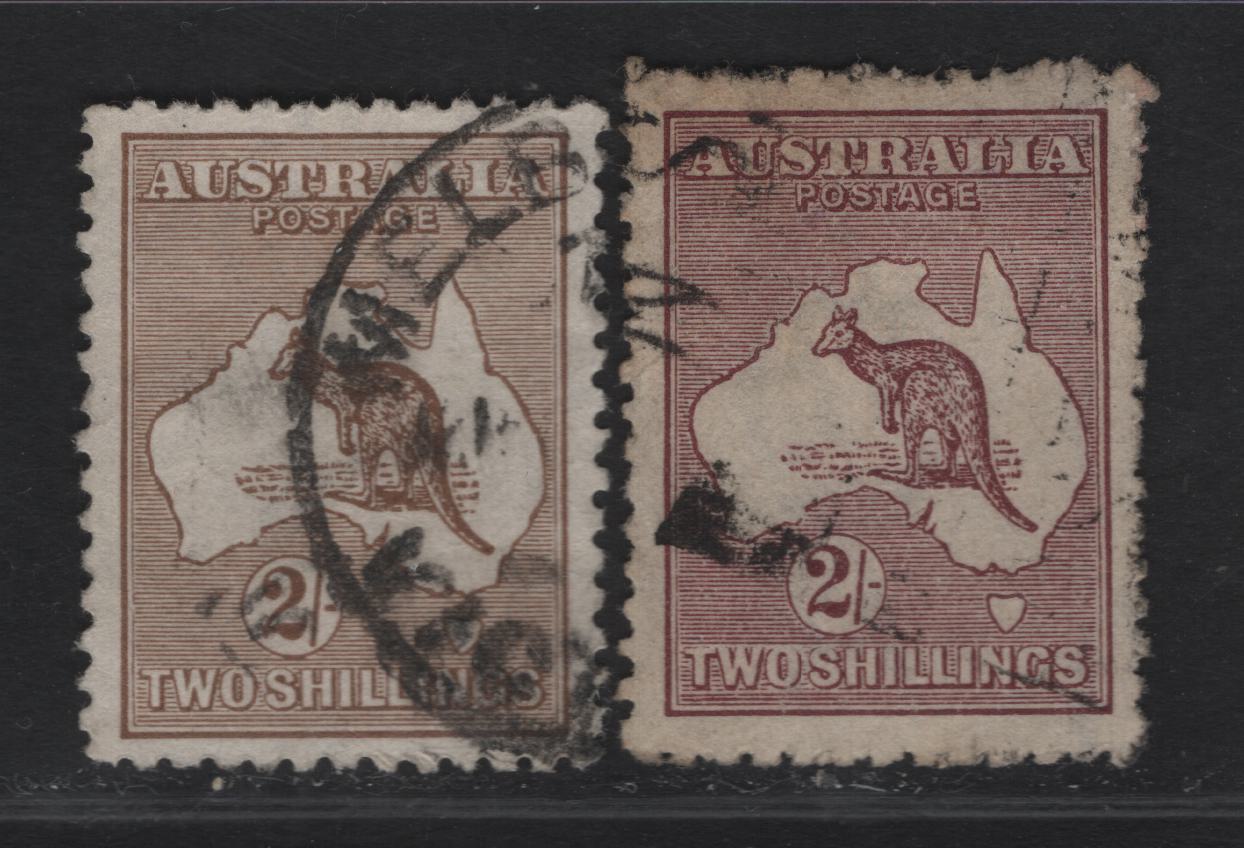 Lot 172 (C) Australia SG#41, 74 2/- Brown - Maroon Kangaroo & Map, 1915-1927 Kangaroo & Map 3rd Issue, 2 Very Fine Used Singles, 3rd Wmk