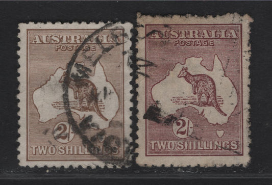 Lot 172 (C) Australia SG#41, 74 2/- Brown - Maroon Kangaroo & Map, 1915-1927 Kangaroo & Map 3rd Issue, 2 Very Fine Used Singles, 3rd Wmk