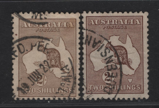Lot 173 Australia SG#41 2/- Brown Kangaroo & Map, 1915-1927 Kangaroo & Map 3rd Issue, 2 Fine Used Singles, 3rd Wmk, Two Shades, Die 2, Small Internal Wrinkle On Brighter Shade.