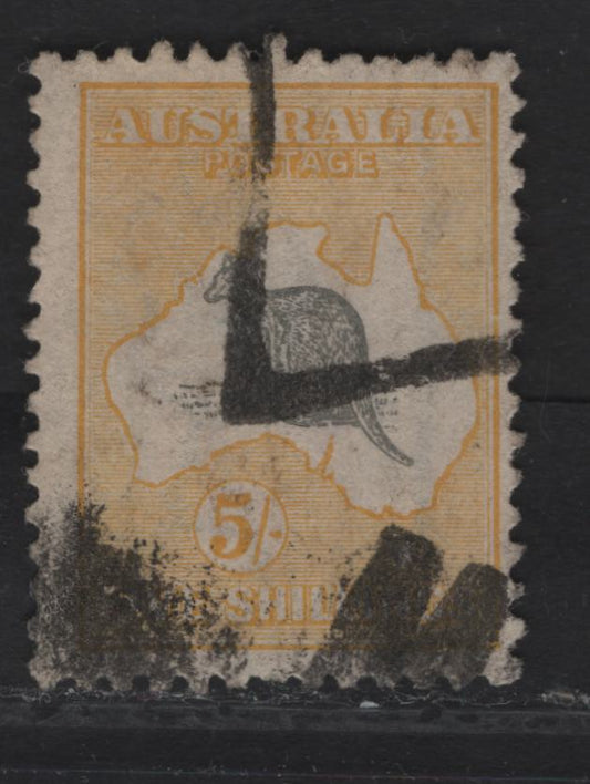 Lot 175 (C) Australia SG#42c 5/- Gray & Pale Yellow Kangaroo & Map, 1915-1927 Kangaroo & Map 3rd Issue, A Very Good Used Single, 3rd Wmk, Heavy Parcel Cancel
