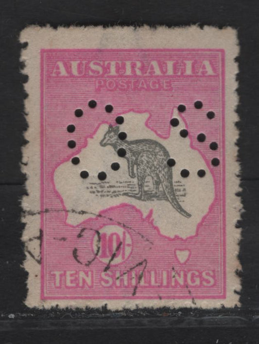 Lot 176 (C) Australia SG#O51 10/- Gray & Aniline Ink Kangaroo & Map, 1915-1927 Kangaroo & Map 3rd Issue, A Fine Used Single, 3rd Wmk, Perf Small OS, Wartime Printing With Usual Rough Perforations Of That Time.