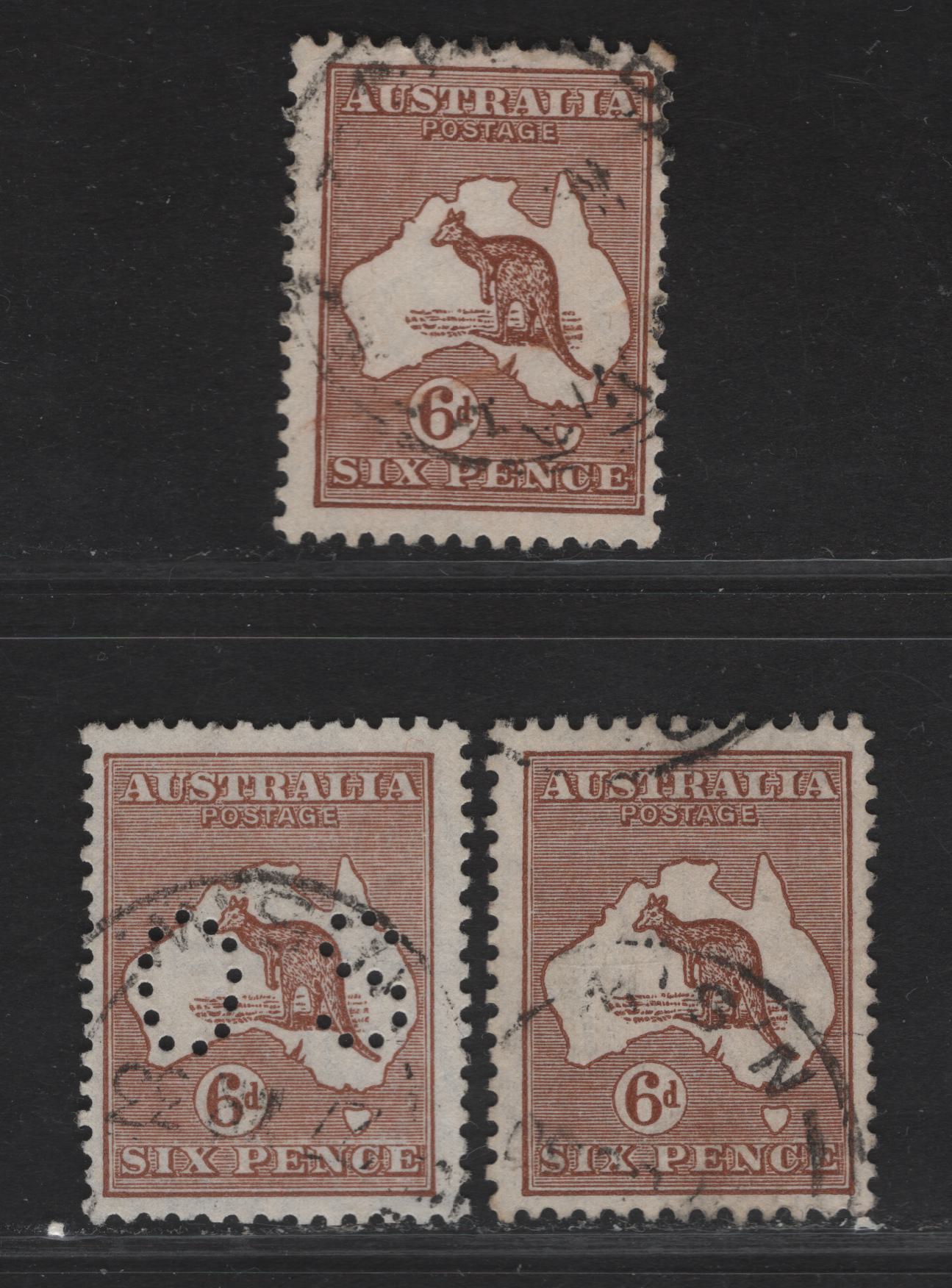 Lot 180 (C) Australia SG#107, O114 6d Chestnut Kangaroo & Map, 1929-1930 Kangaroo & Map Issue, 3 Fine Used Singles, Two Shades of The Regular Stamp, One Perforated OS, Small Multiple Wmk.