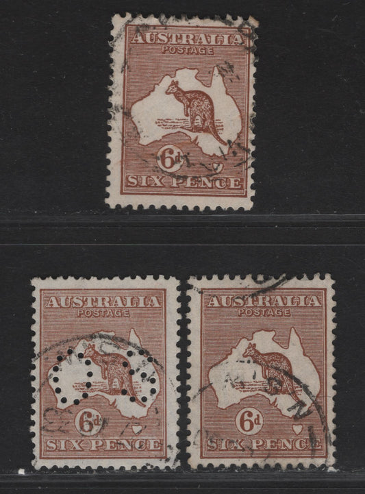 Lot 180 (C) Australia SG#107, O114 6d Chestnut Kangaroo & Map, 1929-1930 Kangaroo & Map Issue, 3 Fine Used Singles, Two Shades of The Regular Stamp, One Perforated OS, Small Multiple Wmk.