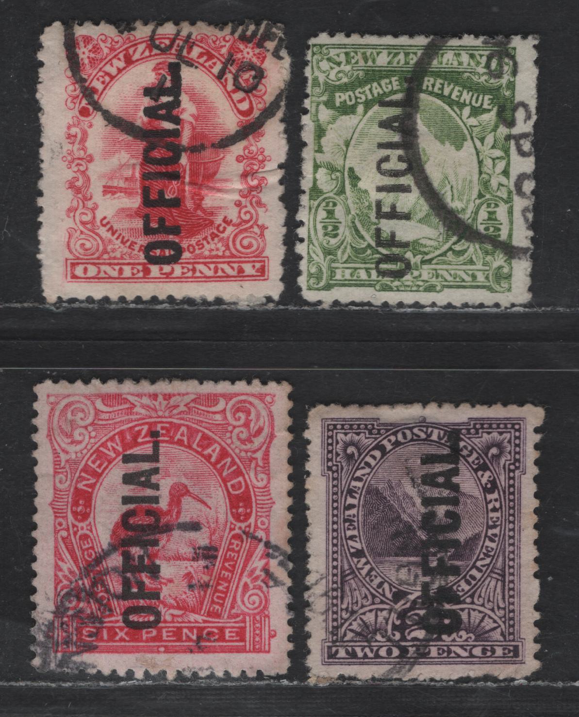 Lot 18 (C) New Zealand SG#O59, O60, O61, O65 1/2d - 6d Yellow Green - Bright Carmien Pink Mount Cook or Aorangi - Kea & Kaka, 1907-1911 Pictorial Issue, 4 Fine/Very Fine Used Singles, Vertical Official Overprint, Star & NZ Wmk