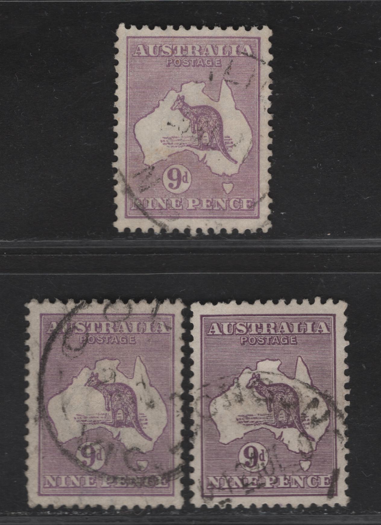 Lot 182 Australia SG#108 9d Violet Kangaroo & Map, 1929-1930 Kangaroo & Map Issue, 3 Very Fine Used Singles Small Multiple Wmk, 3 Shades,