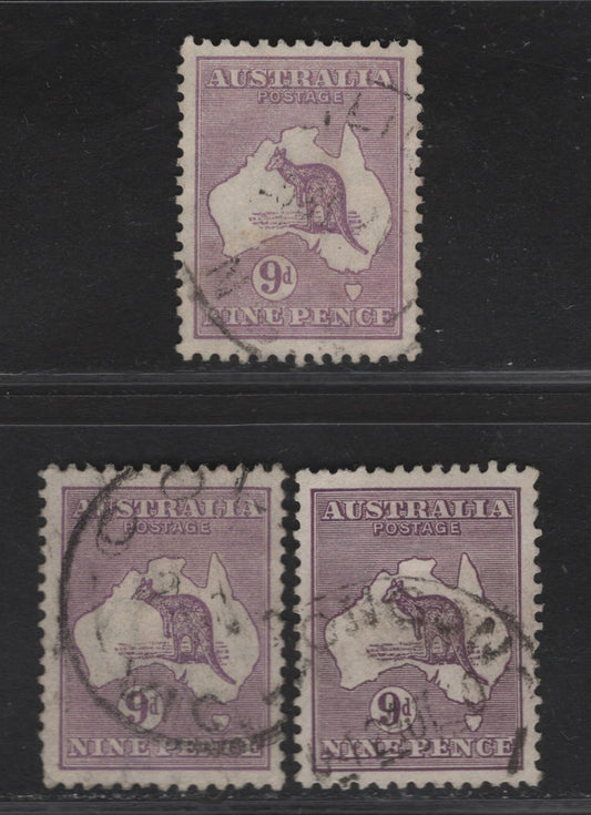 Lot 182 Australia SG#108 9d Violet Kangaroo & Map, 1929-1930 Kangaroo & Map Issue, 3 Very Fine Used Singles Small Multiple Wmk, 3 Shades,