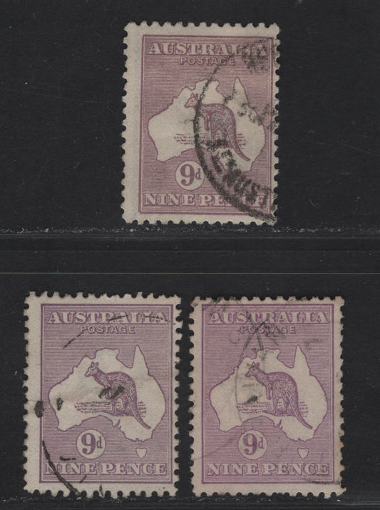 Lot 183 Australia SG#108 9d Violet Kangaroo & Map, 1929-1930 Kangaroo & Map Issue, 3 Fine Used Singles Small Multiple Wmk, 3 Shades,