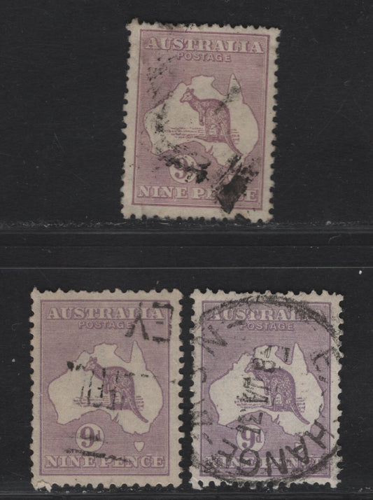 Lot 184 (C) Australia SG#108 9d Violet Kangaroo & Map, 1929-1930 Kangaroo & Map Issue, 3 Fine Used Singles, Small Multiple Wmk, 3 Shades