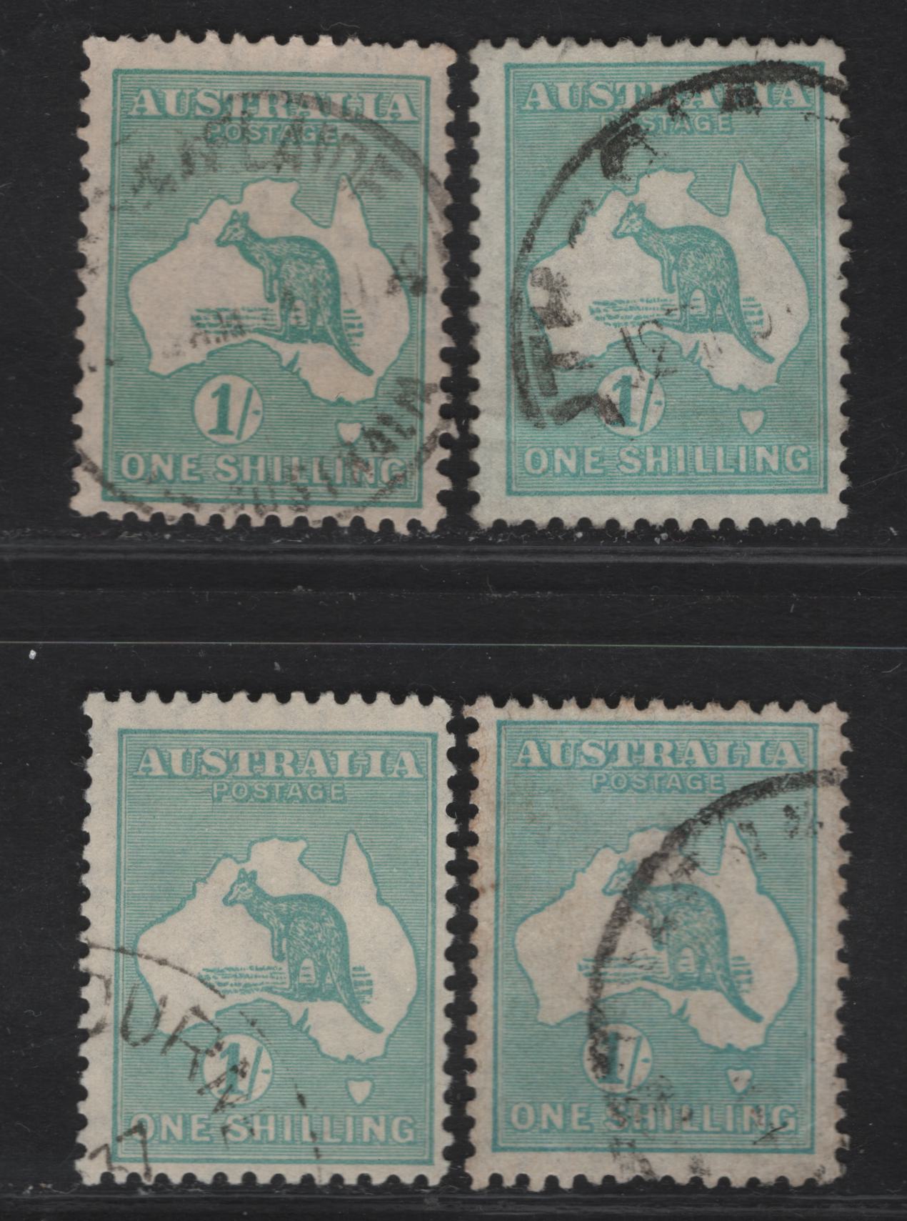 Lot 185 Australia SG#109 1/- Blue Green Kangaroo & Map, 1929-1930 Kangaroo & Map Issue, 4 Fine Used Singles, Small Multiple Wmk, 4 Shades