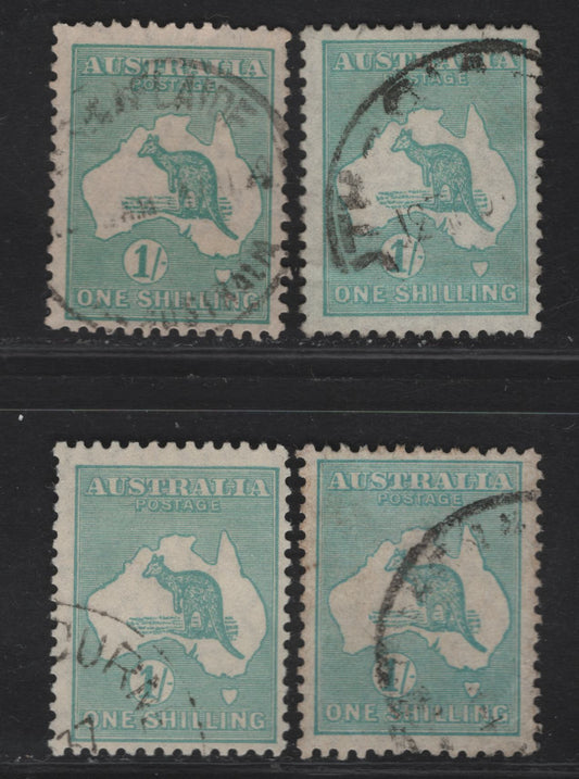 Lot 185 Australia SG#109 1/- Blue Green Kangaroo & Map, 1929-1930 Kangaroo & Map Issue, 4 Fine Used Singles, Small Multiple Wmk, 4 Shades
